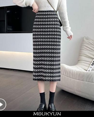 Moukyun Jacquard Knitted Long Skirt Women Fall  Fashion High Waist Slim Skirts Winter Ladies Bodycon Pencil Skirts Femal