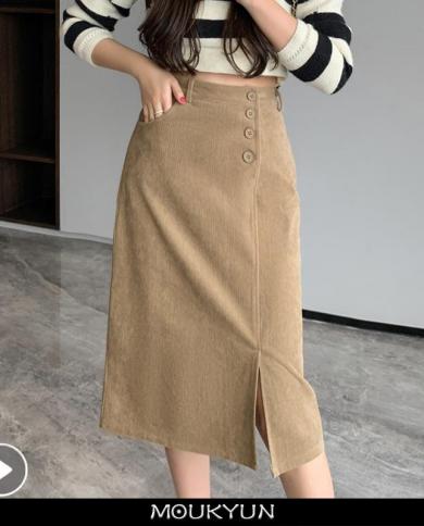 Moukyun  Corduroy Split Midi Skirt Women  Fashion High Waist Skirts Spring Ladies Office Slim Pencil Skirts Female