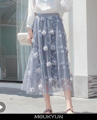 Moukyun Luxury Woman Skirt  Fashion Elastic Waist Embroidery Floral Lace Mesh Skirt Long Gauze Ball Gown Skirts Faldas