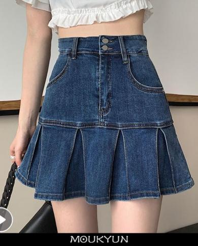 Moukyun High Waist Jeans Skirt Woman Summer Causal A Line Pleated Mini Skirt  Ladies Bottoms Demin Skirts Faldas Mujer