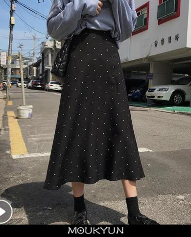 Moukyun Retro Black Polka Dots Skirts Women Elegant Autumn Vintage Sweet High Waist Mermaid Faldas All Match Loose Long 