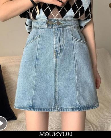 Moukyun Summer Women Denim Mini Skirt Large Size High Waist Jeans Skirt Ladies Loose  Fashion A Line Blue Cotton Skirts