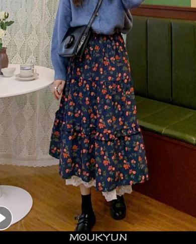 Moukyun Corduroy Floral Midi Skirt Women Navy Blue Brown Floral Skirts  Kawaii Lace Ruffles Vintage Elegant Long Skirts