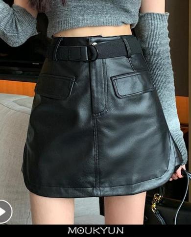 Moukyun Pu Mini Skirt Womens Temperament Small Leather Skirt Ladies High Waisted Leather Black A Line Wrap Hips Short S
