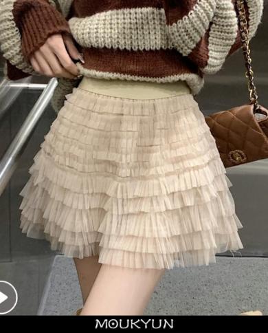 Moukyun Sweet Skirts For Women High Waist Slim Fit A Line Gauze Jupe Faldas Mujer De Moda Fashion  Mini Skirt Y2k Clothe