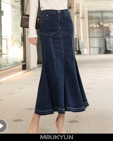 Moukyun Women Denim Skirt  Elastic Stretch Skinny Slim Jeans Skirts Ladies High Waisted Hips Lifter Fishtail Skirts Fald