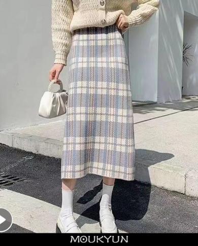 Moukyun Woolen Women Skirts Fall Vintage Plaid Maxi Pencil Skirt Spring Ladies Faldas Female  Elegant Slim Fit Long Skir