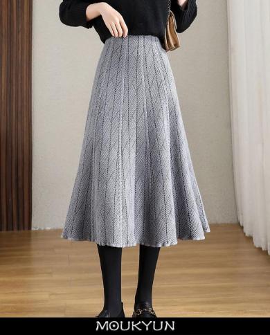Moukyun Grey Knitted Midi Skirts Solid Color Autumn Winter Elegant Long Skirt For Women Ladies Vintage High Waisted Skir