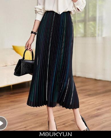 Moukyun Contrast Color Stripe Skirt Women Spring Fashion High Waist Pleated Elegant Skirts Za Ladies Long Loose Aline Sk