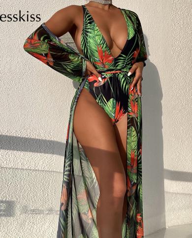 Blesskiss  Thong One Piece Swimsuit With Cover Up Set 2022 Summer Beachwear Women Swimwear Swimming Suit Bathing Suit Fl