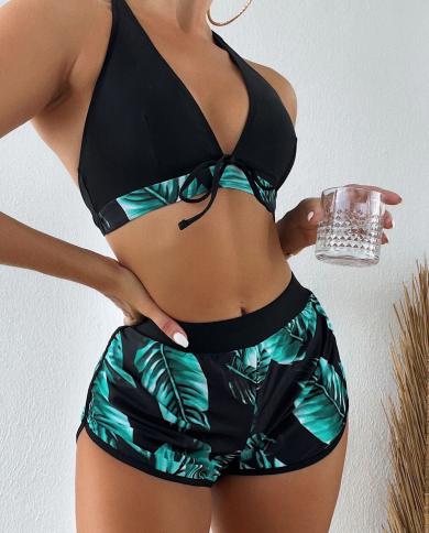 Blesskiss 3 Pieces Swimwear Bikini Set With Shorts High Waist Leaf Beach Summer Push Up Bikini 2022 Women Swimsuit Bathi