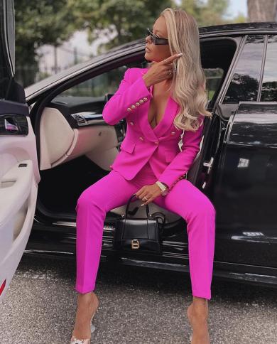 Purple Yellow Pink Pantsuits Two Piece Set Women Office Ladies Double Breasted Golden Buttons Nine Blazer Pants Set Form