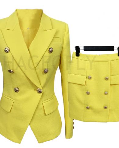 Skirt Blazer Yellow Suit Women Golden Double Breasted Button Mint Green Cotton Linen Blazers Skirt Two Piece Sets Blazer