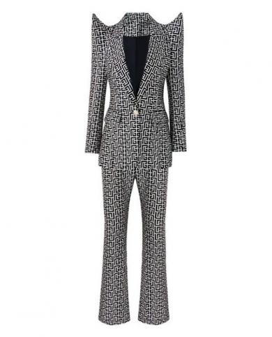 Pant Suits Blazer Shrug Plaid Geometric 2022 New Designer Pattern Jacquard One Button Straight Pants Blazer Women High Q