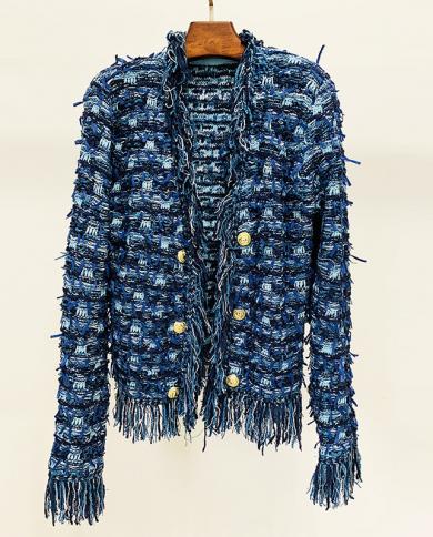 Knitted Tassel Jacket 2022 New Metal Lion Head Double Breasted Button Fringed Blue White Knitted Cardigan Jacket Women A