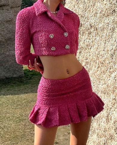 Pink Skirt Two Piece Suit Heart Shaped Diamond Button  Autumn Winter New Woolen Short Jacket Ruffle Skirt Suit High Qual