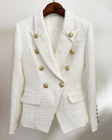 White Tweed Woolen Women Jackets Coat Blazer Autumn Winter  New Double Breasted Pointed Collar With Button Blazers Jacke