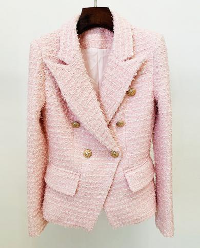 Blazer Women Pink Double Breasted Tweed Woolen 2023 New Designer Spring Winter Fashion Office Wear Jacket Suit Coat Jack