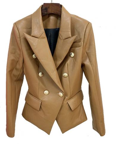 Female Pu Leather Jacket Black Chocolate Brown Double Breasted Gold Lion Button Slim Suit Jacket Blazer High Quality 202