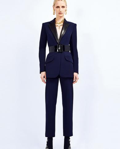 Outfits Women Navy Blue Blazer Pantsuits 2023 New Fashion Leather Collar With Belt Punk Suit Pants Office Wear Two Piece