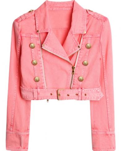 Pink Denim Jacket Short 2022 Spring Female Coat Gold Lion Button Slim Double Zipper Oblique Denim Short Motorcycle Jacke