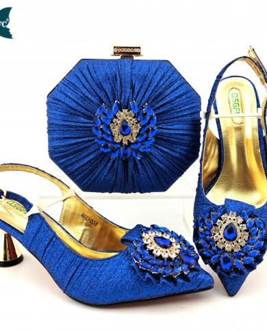 Hot Selling Italian Design Women Shoes And Bag Decorated With Colorful Crystal In Royal Blue Color For Party Wedding  Pu