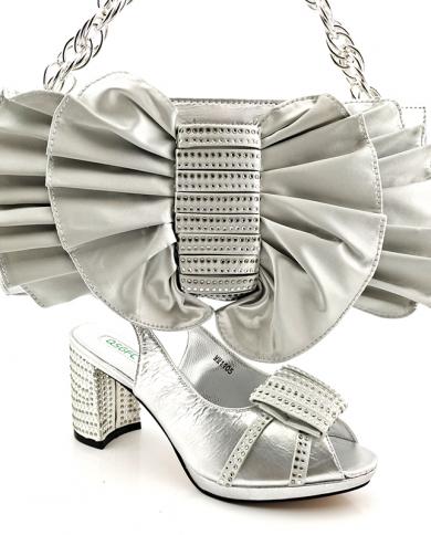 Italian Design Nigerian New Elegant Women Shoes And Bag Set Full Of Rhinestone Mixing Metal Decoration In Silver Color F