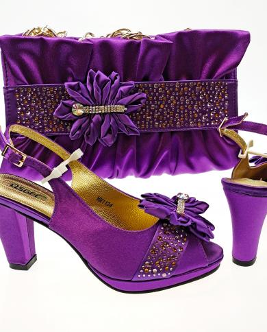 Qsgfc Latest Purple Color Silk Satin High Heels With The Same Color Pleated Bag Flower Decoration Party Ladies Shoes And