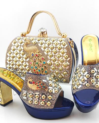 Italian Design Nigerian  Newest Fashion Teal Color Patforn Women Shoes And Bag Set Decorated With Phoenix Shape Metal  P