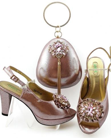 Qsgfc Ladies Italian Design Shoes And Bag Set Decorated With Rhinestone African Wedding Italian Shoe And Bag Set In Pink