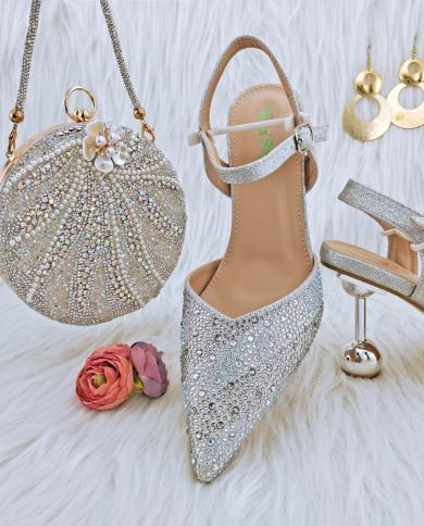 Qsgfc Nigerias Popular Silver Stripe Diamond Decoration Simple And Versatile Exquisite Party Ladies Shoes And Bag Set