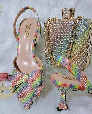 Qsgfc 2022 New Fashion Full Of Crystal Decoration Style Rainbow Glass Heel Friends Party Shoes Ladies Shoes And Bag For 