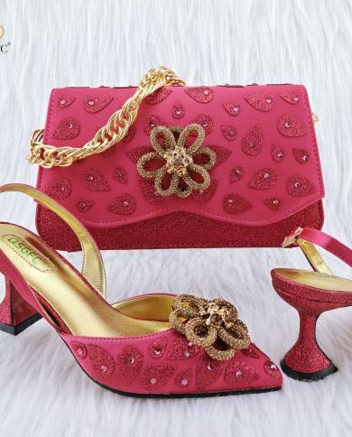 Qsgfc 2023 New Fuchsia Mature Women Commuter Tote Bag And Stitching Color Matching High Heels Nigeria Ladies Party Shoes