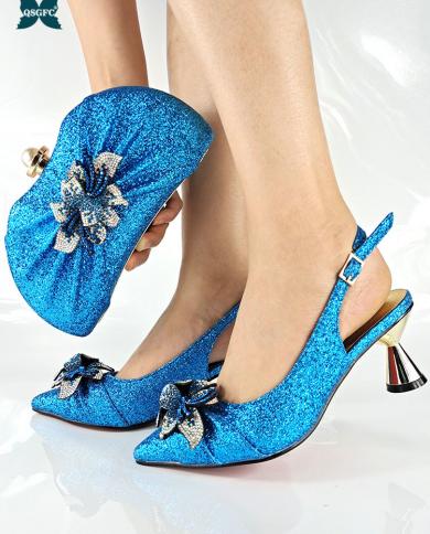 Moda africana Venda imperdível Design italiano cor azul celeste Sapatos femininos elegantes para festas e conjunto de bolsas dec