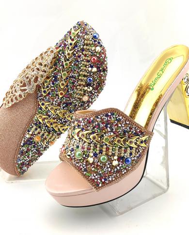 Nova chegada venda imperdível cor pêssego cristal design italiano elegante estilo nobre sapatos femininos e bolsa conjunto para 