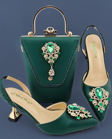 2022 New Arrival Elegant Green Color Party Wedding Ladies Shoes And Bag Set Decorated With Rhinestone  Pumps