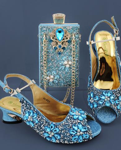 Qsgfc 2022 Hot Selling Party Wedding Sky Blue Color Women Shoes And Bag Set With Shiny Retro Alloy Mosaic Rhinestone Acc