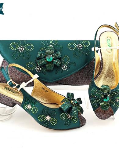  New Arrival Italian Design Hot Selling Fashion Unqie Style Ladies Shoes And Bag Set Decorated With Rhinestone In Avocad