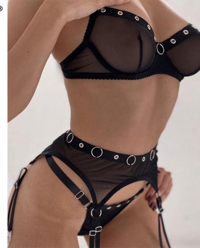 Ellolace Metal Ring Fine Lingerie Fancy Underwear Women Uncensored Intimo senza censura Nero senza cuciture Bilizna Se