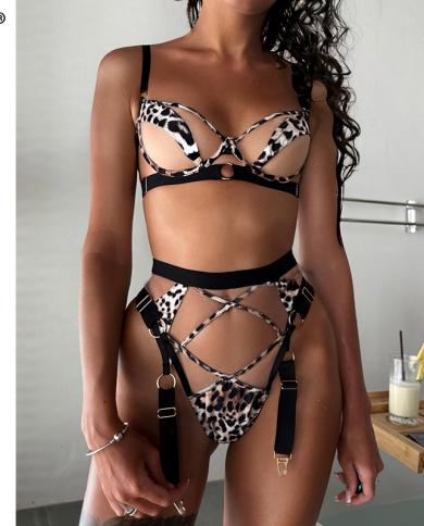 Ellolace Leopard Lingerie Sensual Underwear 3 Piece Sheer Lace Patchwotk Intimate Transparent Bra And Panty Set Fancy Ou