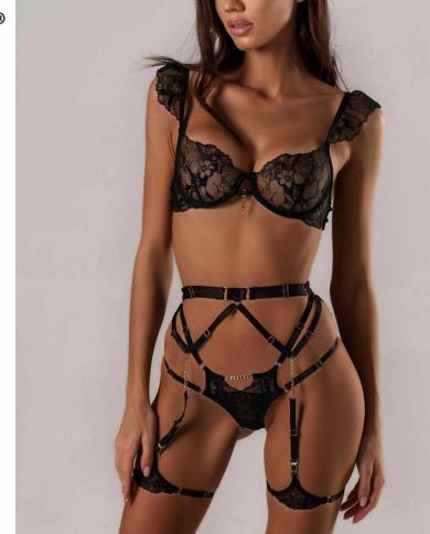 Ellolace Fancy Lingerie See Through Bra 3 Piece Underwear Luxury Lace Sheer Sensual Intimate Seamless  Garter Belt Set