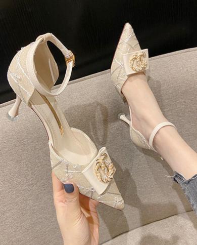 2022 Autumn Spring Womens Pumps New Pointed High Heels Thin Heel Sandals Woman Head Hollow Button Single Shoes