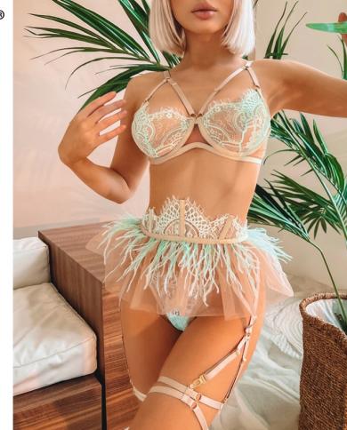 Ellolace Feather Delicate Lingerie  Underwear Luxury Lace Set Woman 3 Pieces Sissy Bilizna Outfit Intimate Exotic Sets