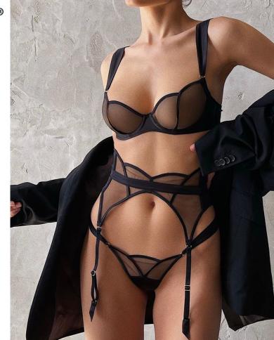 Ellolace  Lingerie Seamless Womens Underwear Transparent Lace Bra Kit Push Up Set Woman 3 Pieces Garters Exotic Sets  B