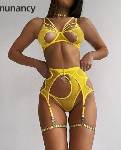 Yimunancy 4 pièces en maille exotique ensemble femmes tour de cou bandage fantaisie kit jaune découpé ensemble de lingerie