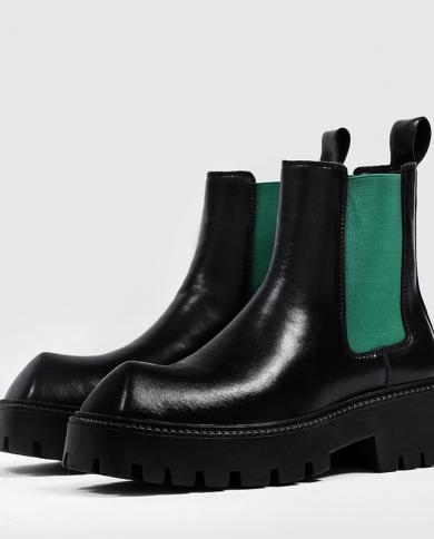 Green Men Chelsea Boots With Horn Minimalist Mens Shoes Square Big Toe Mens Ankle Boot Slip On Blue Black