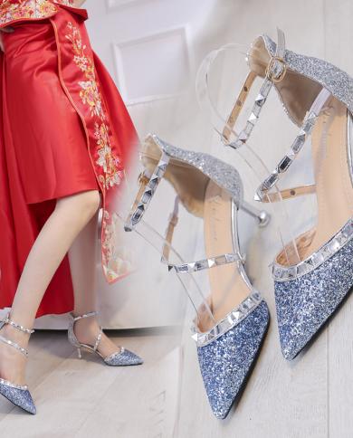 Plus Size 42 Women Sandals Rivets Pumps Pointed Toe Bling Wedding Shoes Woman Pumps Glitter Dress Shoes Sandalias Mujer 