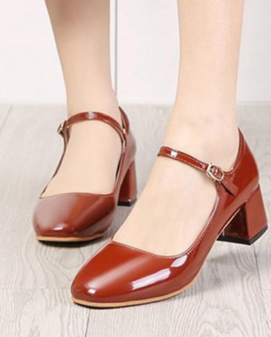 2022 New Women Dress Shoes Medium Heels Mary Janes Shoes Patent Leather Pumps Ankle Strap Ladies Shoe Office Zapatos Muj