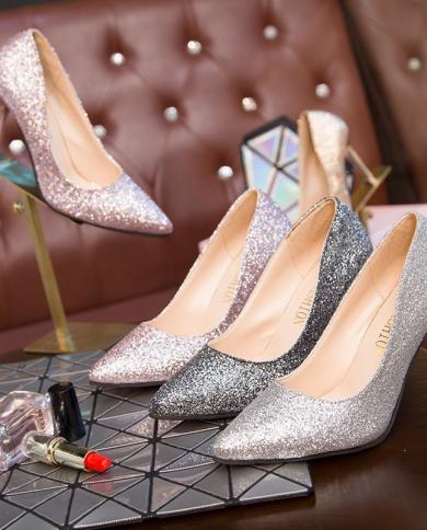 Heels Women Bling 9cm Thin Heels Pointed Toe Pumps Women Sequined Leather Shoes Dress Casual Wedding Party Super  Pumps