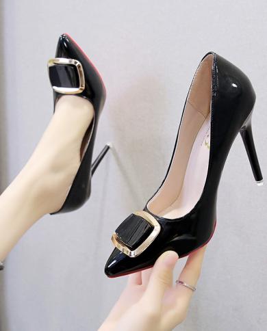 2022 New 10cm Square Heels Patent Leather Pearl Buckle Shoes Woman Classics Pointed Toe Dress Official Pumps Party Big S
